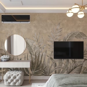 Tropical Leaves Beige Concrete Wallpaper - Peel and Stick Wall Decal