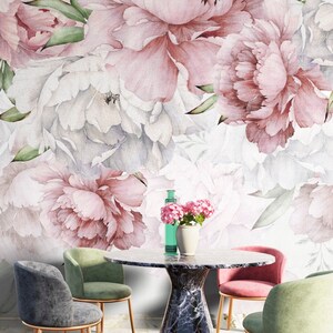 Pink Peonies Floral Wallpaper: Scandinavian Peel and Stick Mural
