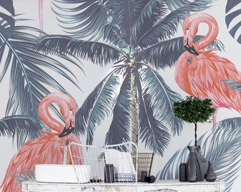 Tropical Trees Forest and Flamingos peel and stick Wallpaper. Wall Sticker . Design wallpaper  Removable Wall Art