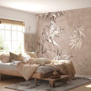 Carta da parati con effetto cemento, foglie e uccelli, stacca e attacca, murale, arte classica, soggiorno, camera da letto