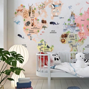 Papel tapiz para habitación infantil: mapa del mundo con animales adorables para niños y niñas. Papel tapiz despegable y adhesivo tradicional.