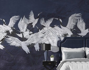Crane Birds Wallpaper, Vintage Asian Chinoiserie Peel and Stick Removable Wall Mural