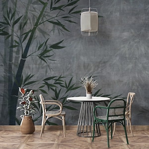 Tropical Bamboo Leaves Wallpaper: Concrete Texture, Peel and Stick Mural