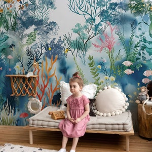 Carta da parati subacquea, murale con mare e pesci su tradizionale adesivo staccabile in tessuto non tessuto