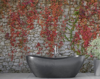 Brick Wall with Red Ivy Peel and Stick Wallpaper - Removable Wall Mural