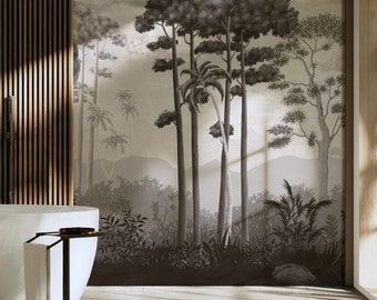 May include: A white bathtub sits in a modern bathroom with a wood slat wall and a large window. The wall behind the tub features a wallpaper with a black and white forest scene.