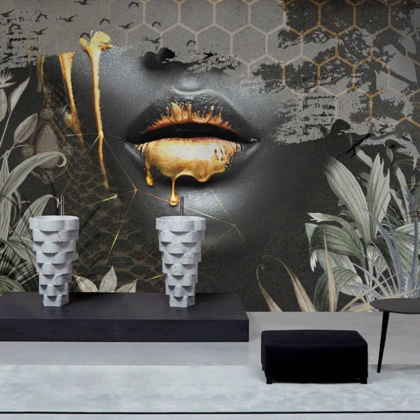 Golden Lips, Black woman painting wallpaper background