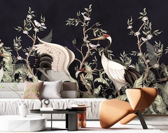 Chinoiserie Crane and Flowers Mural Wallpaper: Peel and Stick