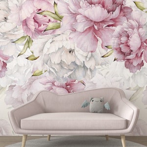 Pink Peonies Wallpaper Floral Mural Peel and Stick Removable Wall Art for Bedroom Living Room Scandinavian Home Decor