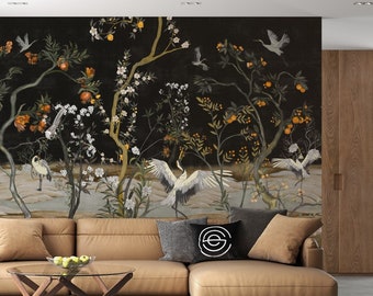 Carta da parati con fiori cinesi, melograno e uccelli, sfondo nero, stacca e attacca, murale, arte classica, soggiorno, camera da letto