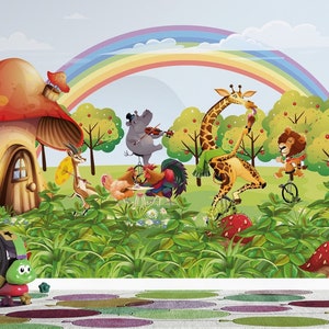 May include: A colorful cartoon mural featuring a mushroom house, a giraffe riding a unicycle, a hippopotamus playing a violin, a lion riding a unicycle, and a rooster and hen. The mural is set against a backdrop of a rainbow and green trees.