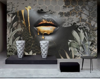 Golden Lips, Black woman painting wallpaper background