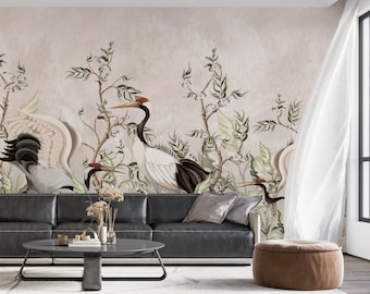 Chinoiserie Crane and Flowers Mural Wallpaper: Peel and Stick