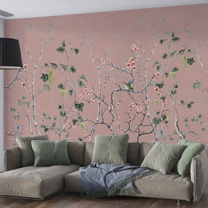 Pink Chinoiserie Wallpaper Mural: Peel and Stick Wall Decoration