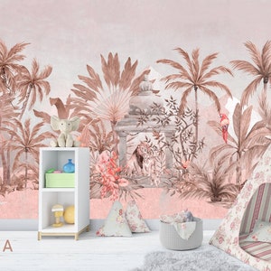 giungla tropicale bambini asilo nido paesaggio panoramico disegno tre elefante giraffa leone scimmia staccare e attaccare parete rimovibile arte murale