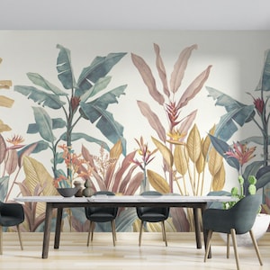 Colorful tropical leaves wallpaper. Peel and stick , Floral & Tropical Landscape Wall Mural, Vintage Tropical  Wall Mural Wall Decor
