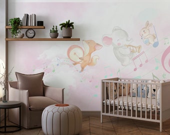 Music Animals Wallpaper: Scandinavian Nursery Decor, Peel and Stick Wall Art