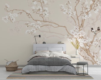 Chinoiserie Magnolia Flowers and Birds Wallpaper, Peel and Stick Mural Poster Classic Art Living Room Bedroom Self Adhesive Wall Poster