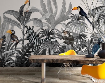 Monochrome Tropical Peel and Stick Wallpaper: Parrot Removable Wall Mural