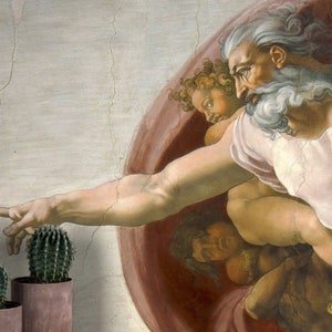 May include: A painting of a man reaching out with his hand, with a cactus plant in the foreground. The man is depicted in a Renaissance style, with a long white beard and a white robe. The background is a red and white swirl.