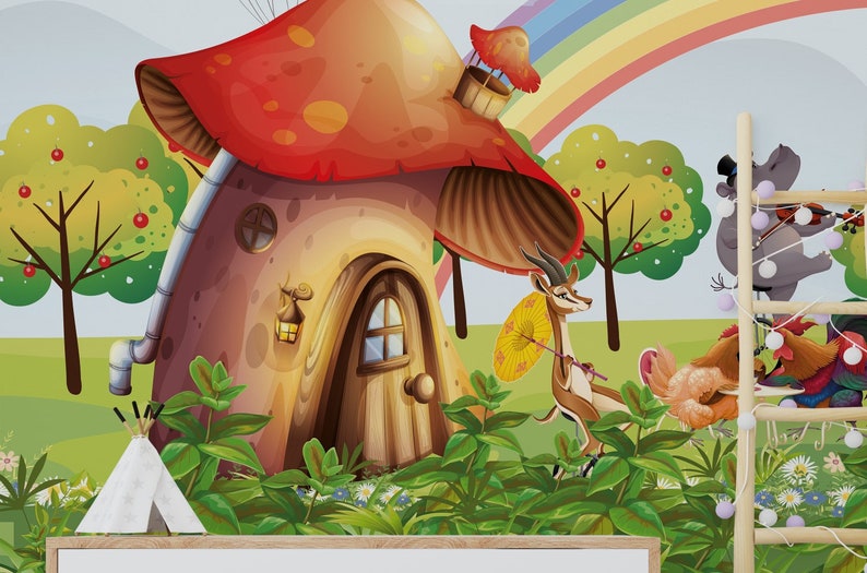May include: A whimsical mushroom house with a red roof and brown walls, surrounded by green trees and bushes. A small deer with antlers holds an umbrella, and a rainbow arches over the scene.