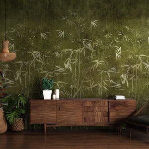 Removable Chinoiserie Trees Wallpaper,  Peel and Stick, Wall Mural, Green Background