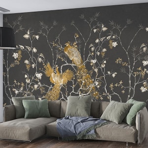 Chinoiserie Peacock Wall Mural: Gold Grapevine, Black Removable Wallpaper