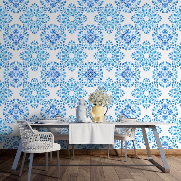 Blue Moroccan Tile Repositionable Removable Wallpaper, Peel & Stick Wallpaper, Spanish Portuguese Azulejo Tile