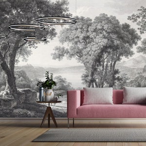 Monochrome Village & Tree Wallpaper Mural: Peel and Stick Wall Art