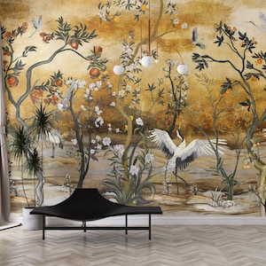 Chinoiserie Flowers Pomegranate Tree and Birds Wallpaper,  Peel and Stick, Mural, Classic Art, Living Room, Bedroom