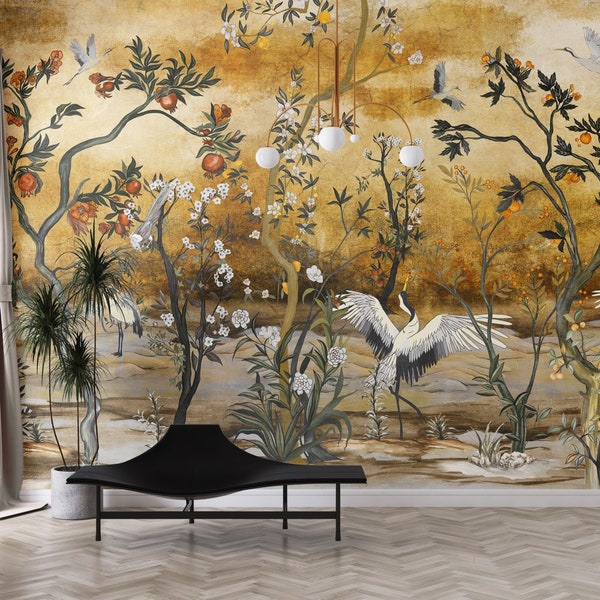 Chinoiserie Flowers Pomegranate Tree and Birds Wallpaper,  Peel and Stick, Mural, Classic Art, Living Room, Bedroom