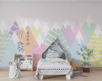 Colorful mountains wallpaper. Peel and Stick Wall Sticker  Minimalistic Scandinavian Design Removable Wall Art