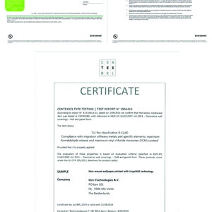 May include: A GreenGuard certified certificate of compliance for Canon UVgel 356, a non-woven wallpaper printed with UVgel460 technology. The certificate is valid until August 22, 2024.  The certificate states that the product meets EU fire classification B-s1,d0 and complies with migration of heavy metals and specific elements, maximum formaldehyde release and maximum vinyl chloride monomer (VCM) content.