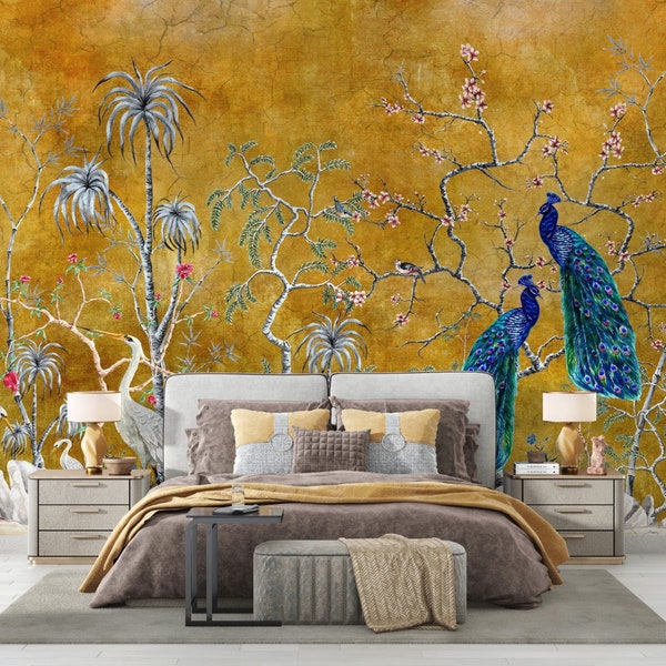Removable Wallpaper Peel and Stick Wallpaper Wall Paper Wall Mural - Chinoiserie Floral, Crane Birds, Peacock Wallmural