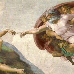 May include: A Renaissance-era fresco painting depicting a scene of God reaching out to touch the finger of Adam, who is lying on a rocky outcrop. The painting is filled with vibrant colors, including shades of blue, green, red, and yellow.