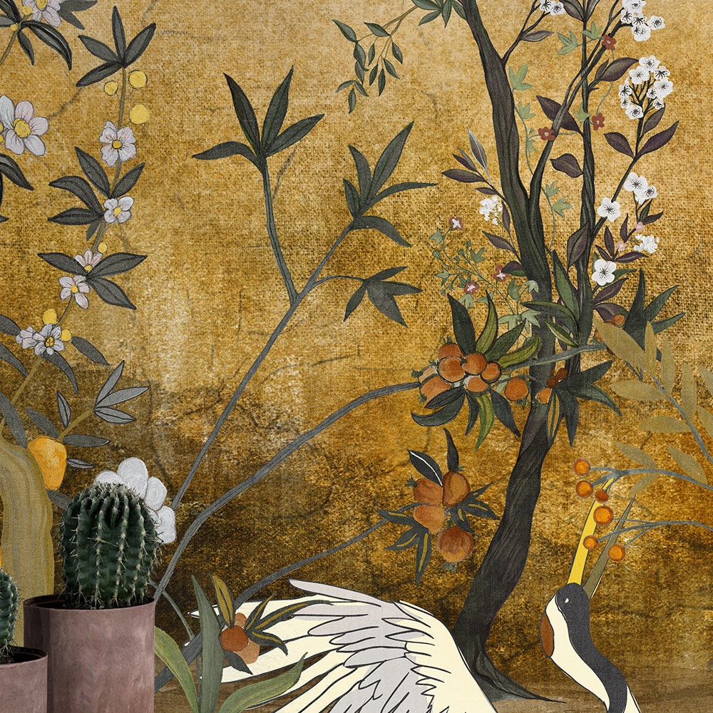 Chinoiserie Flowers Pomegranate Tree and Birds Wallpaper Peel - Etsy
