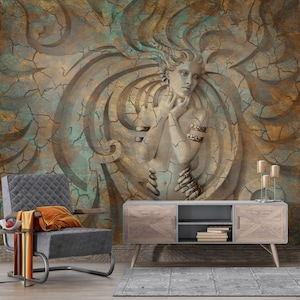 3D look brown cracked backgrounded woman relief wallpaper, peel and stick wallpaper, removable wallmural