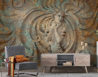 3D look brown cracked backgrounded woman relief wallpaper, peel and stick wallpaper, removable wallmural