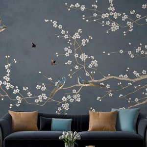 Elegante carta da parati floreale con uccelli blu Chinoiserie / murale grigio staccabile e appiccicoso / arte vintage / decorazione rimovibile per camera da letto e soggiorno