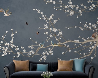 Chinoiserie Blue Bird Wallpaper: Vintage Floral Peel & Stick Mural