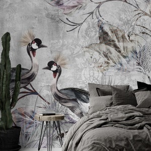 Crane Bird Wallpaper Mural: Classic Ornament Design, Peel and Stick