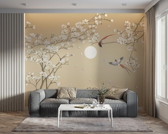 Chinoiserie Magnolia Flowers and Birds Wallpaper: Peel and Stick Mural