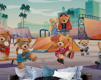 Vinilo decorativo de osos deportivos: arte escandinavo para habitación infantil
