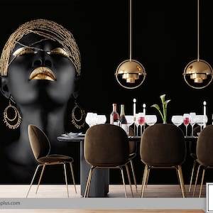 Schwarze Frau und Gold vergoldet Charme Formen thematische Tapete.Abstrakte Kunst Design menschliches Gesicht Wallpaper.Removable Wandkunst