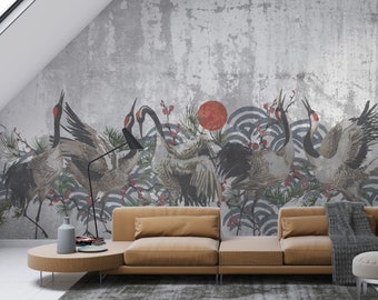 Chinoiserie Crane & Flowers Wallpaper: Peel and Stick Mural