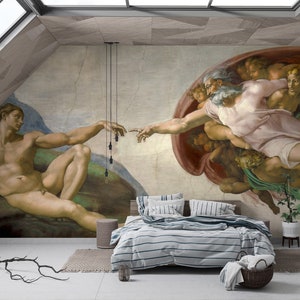 May include: A reproduction of Michelangelo's famous fresco, "The Creation of Adam", depicting God reaching out to Adam. The fresco is painted in a realistic style with vibrant colors and intricate details. The image is printed on a canvas and framed in a simple black frame.