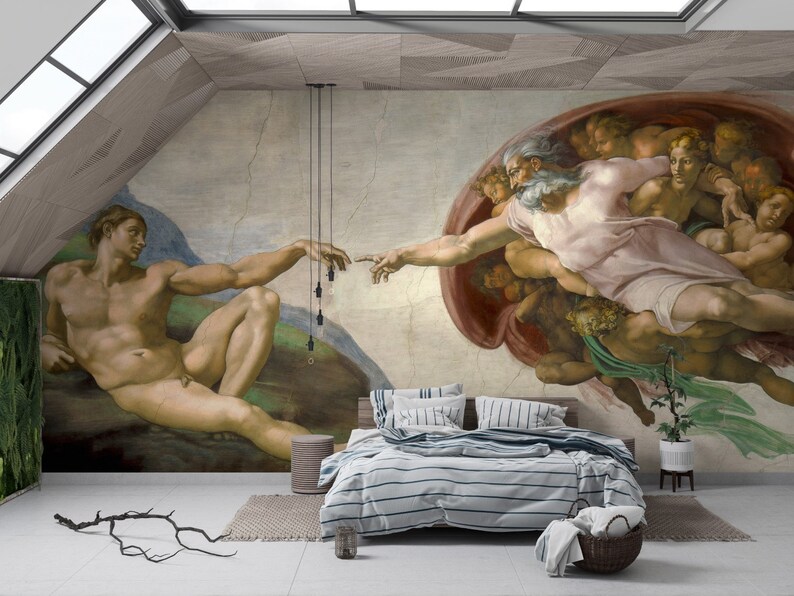 May include: A reproduction of Michelangelo's famous fresco, "The Creation of Adam", depicting God reaching out to Adam. The fresco is painted in a realistic style with vibrant colors and intricate details. The image is printed on a canvas and framed in a simple black frame.