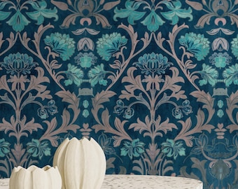 Teal Damask Wallpaper, Vintage Floral Pattern, Removable Peel and Stick Wall Mural