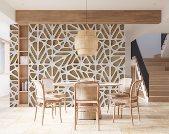 3D geometric wallpaper design with embossed geometric shapes on wood texture