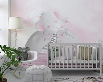Elephant Piano Moon Wallpaper: Scandinavian Peel and Stick Wall Art